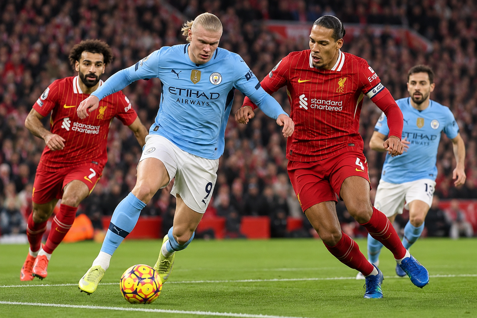 Liverpool vs Man City players battling for possession during a Premier League match