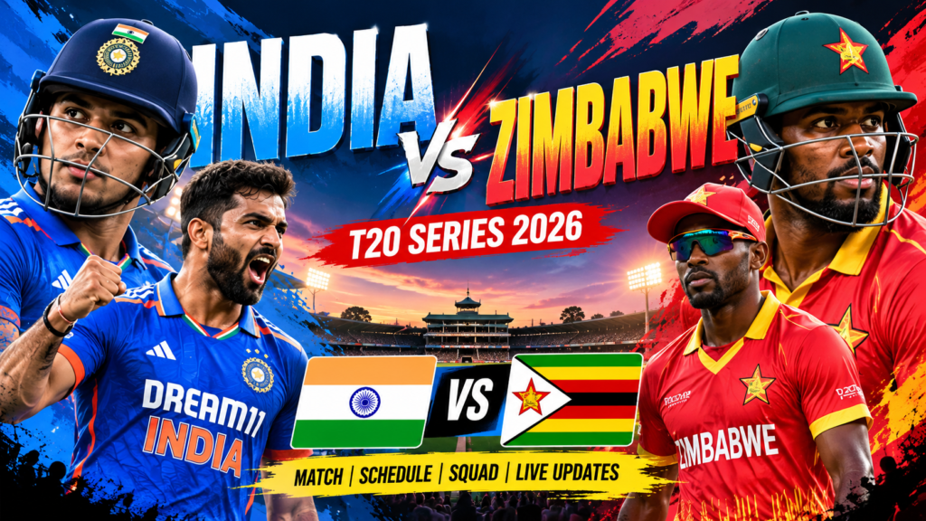 India vs Zimbabwe T20 cricket series 2026 featured graphic with both teams