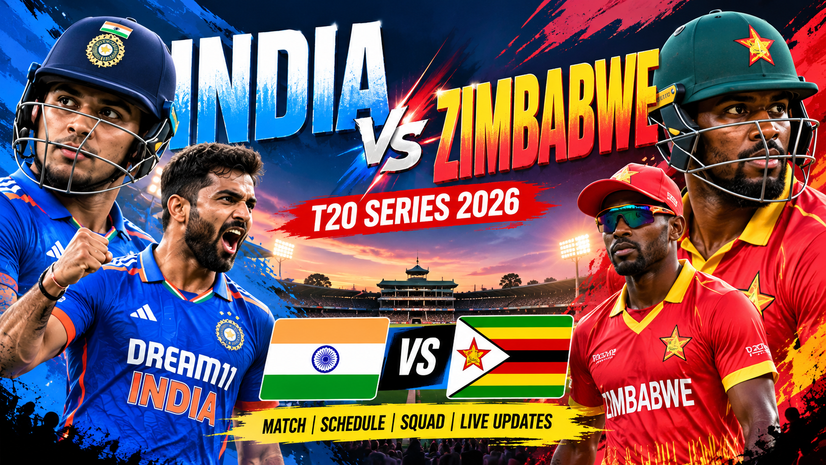 India vs Zimbabwe T20 cricket series 2026 featured graphic with both teams