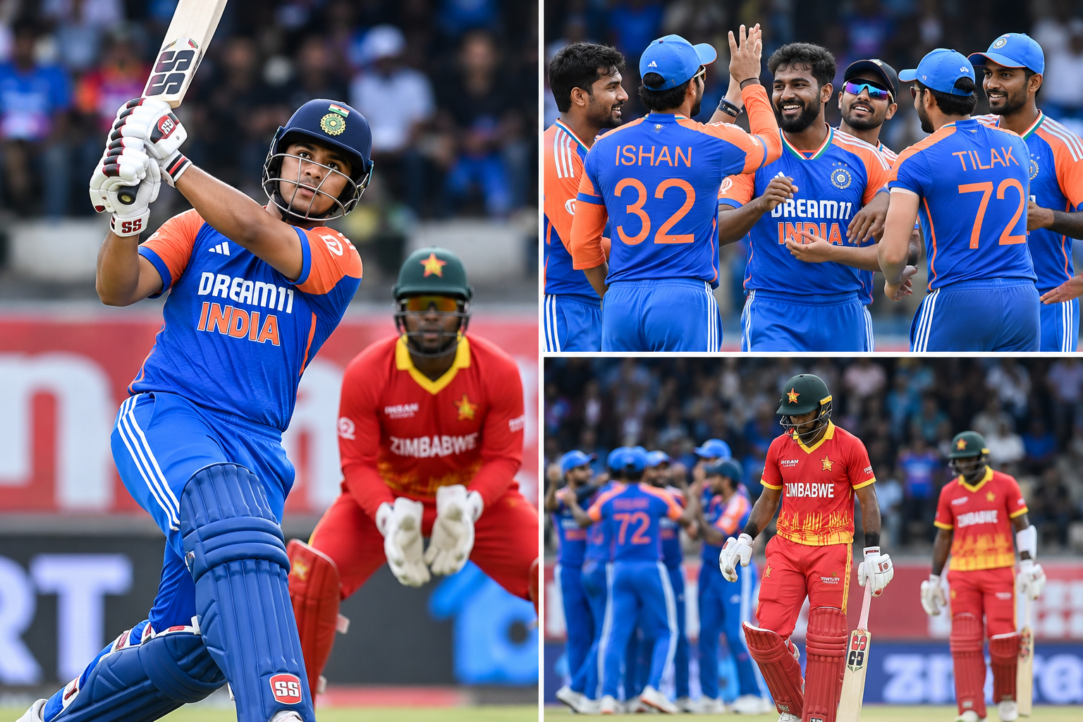 India vs Zimbabwe T20I cricket match collage showing batting action, team celebrations and Zimbabwe players