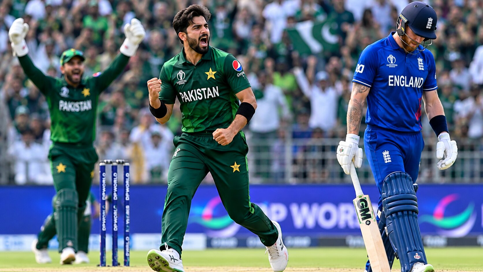 Pakistan bowler celebrates a wicket against England