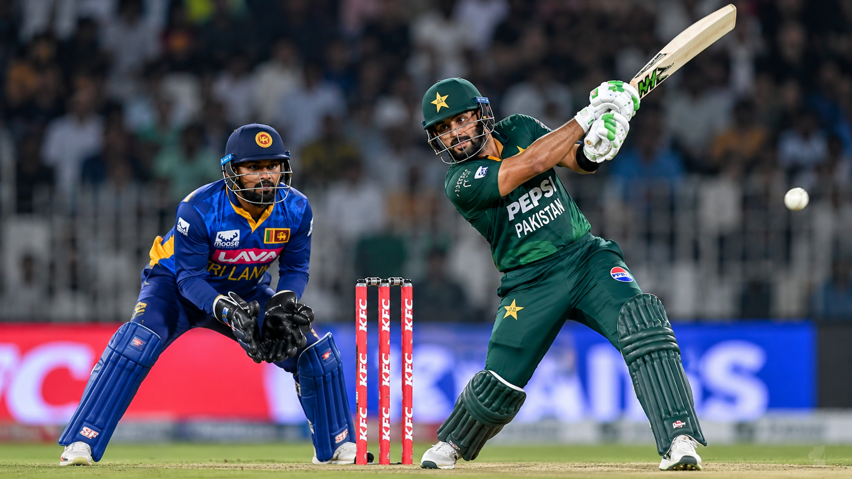 Pakistan batsman playing a shot against Sri Lanka wicketkeeper