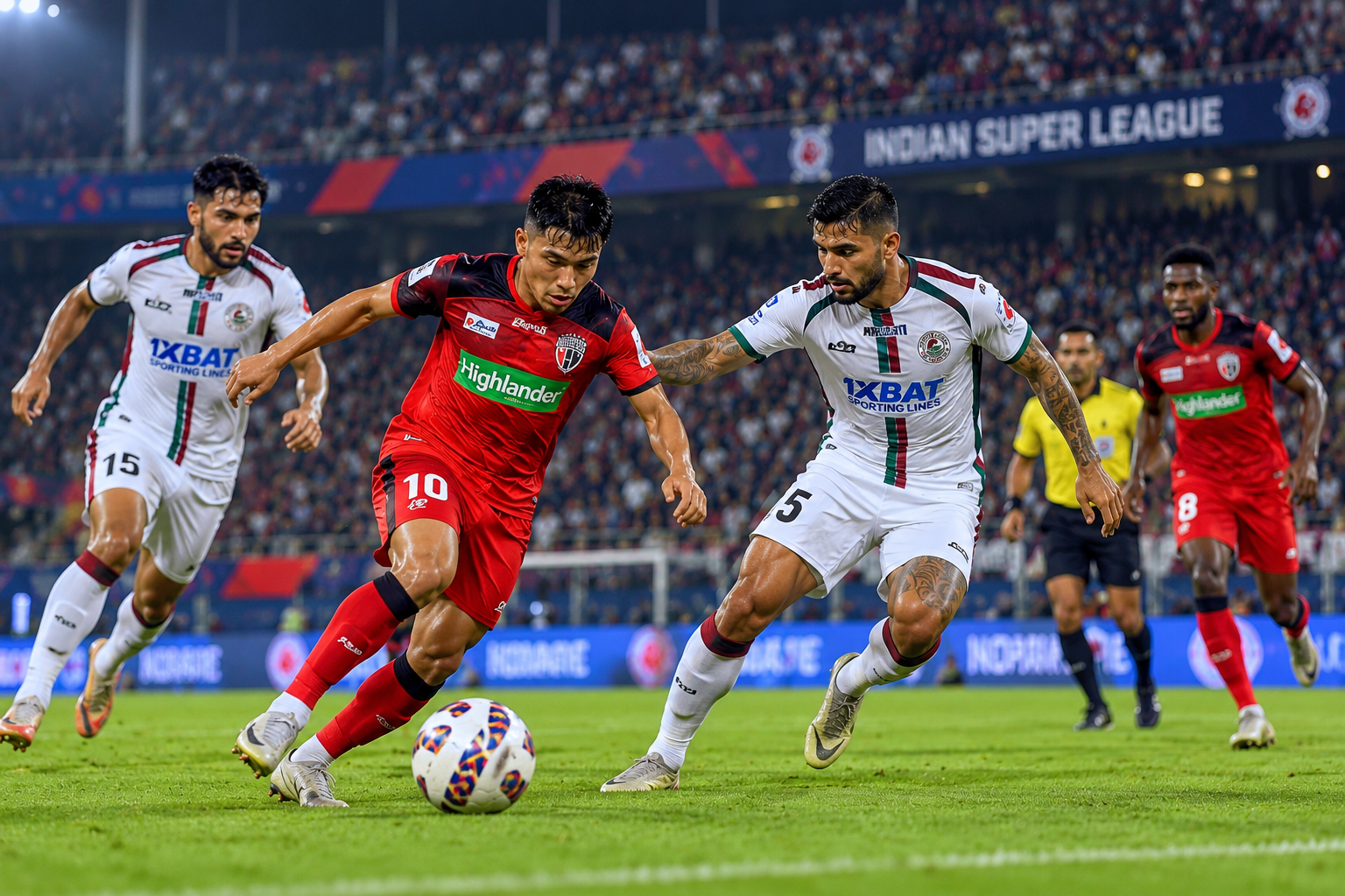 AI-generated illustration of NorthEast United and Mohun Bagan players competing for the ball